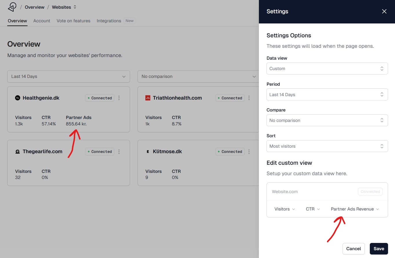 PartnerAds integration settings interface